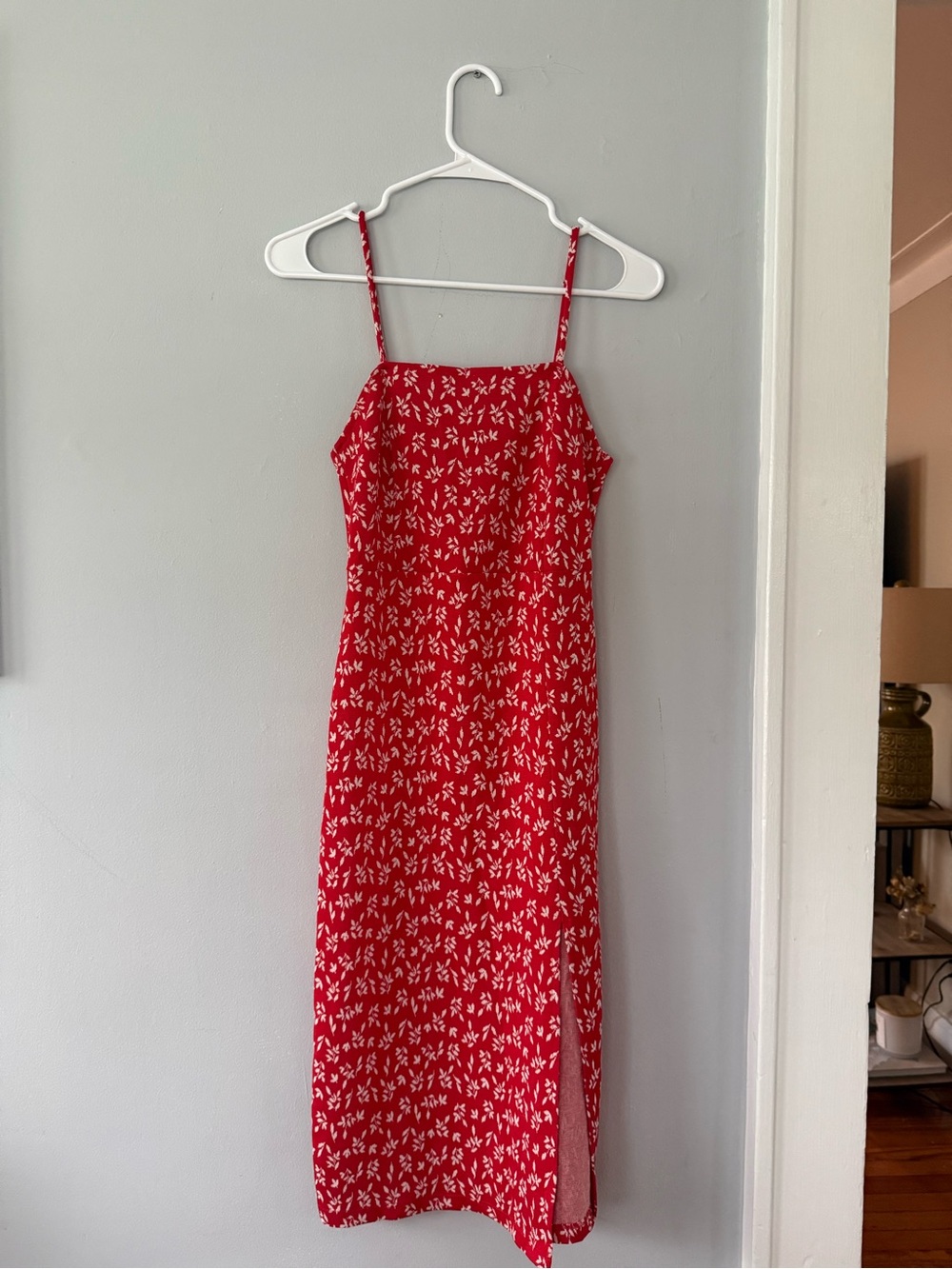 Red Printed Spaghetti Strap Midi Dress